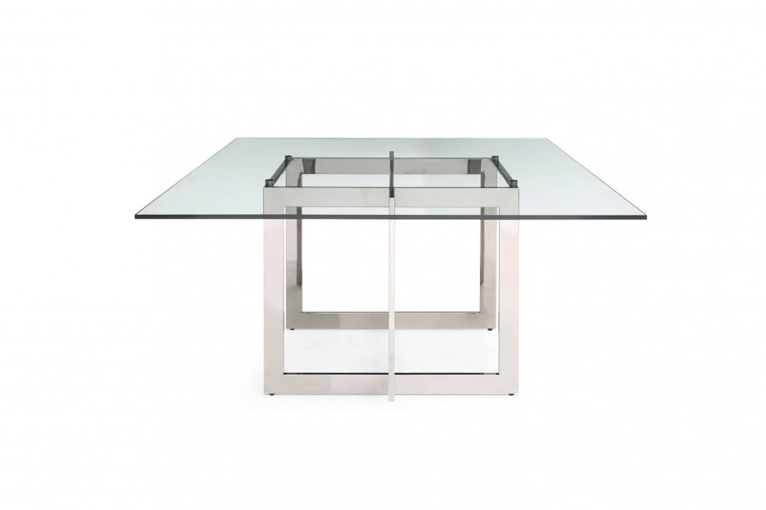 59" Gunmetal and Clear Glass Square Dining Table with Pedestal Base