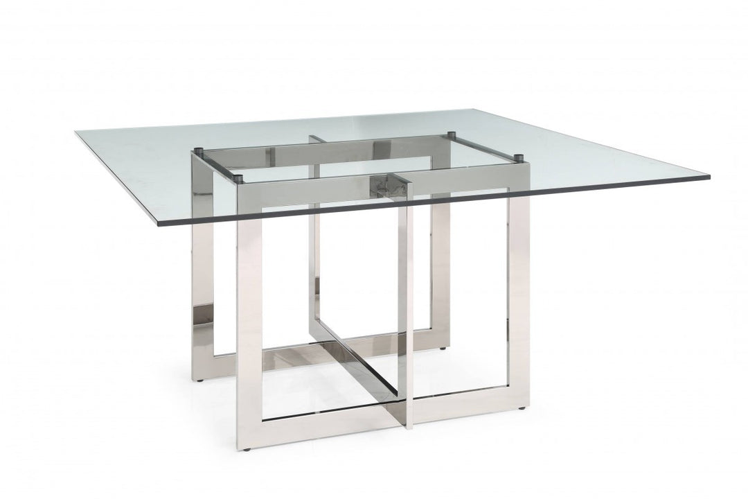 59" Gunmetal and Clear Glass Square Dining Table with Pedestal Base