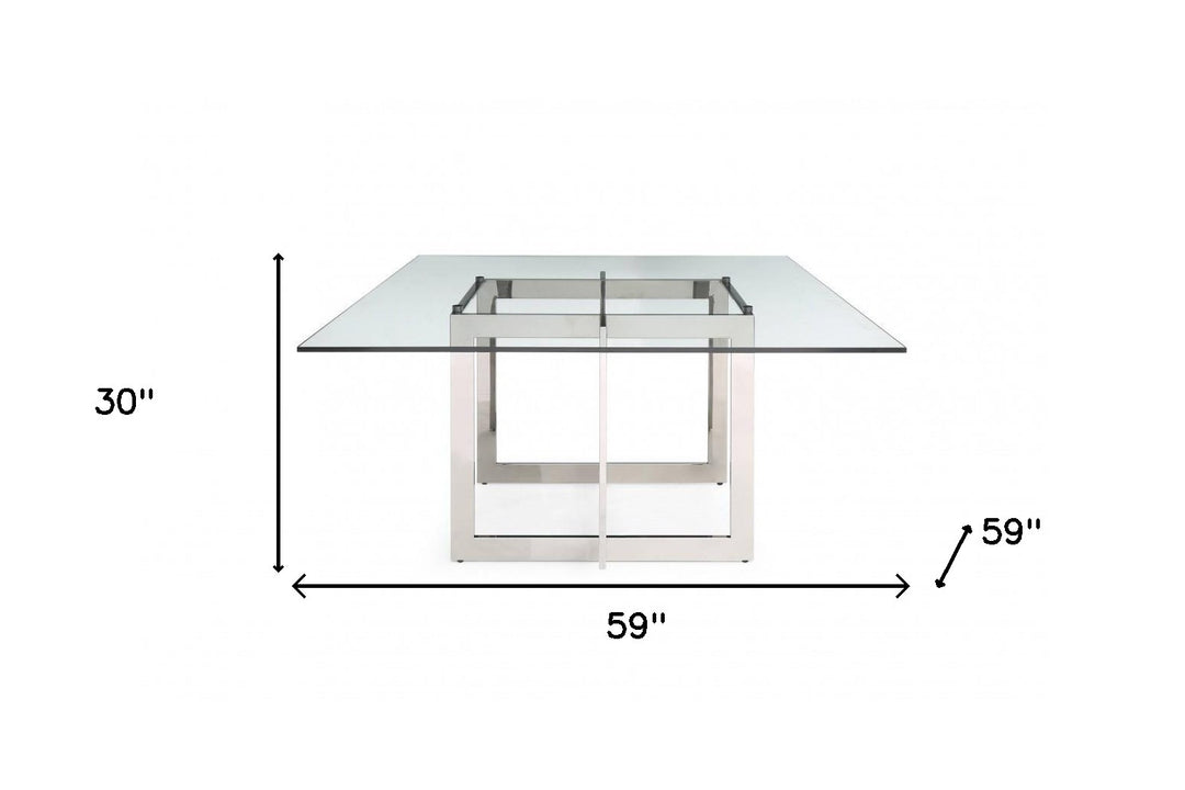 59" Gunmetal and Clear Glass Square Dining Table with Pedestal Base