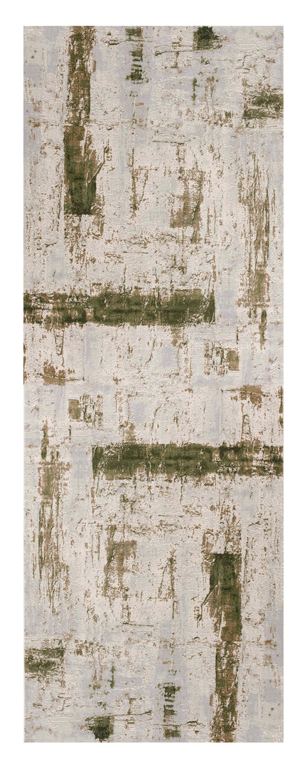 10' Green and Ivory Abstract Power Loom Distressed Runner Rug