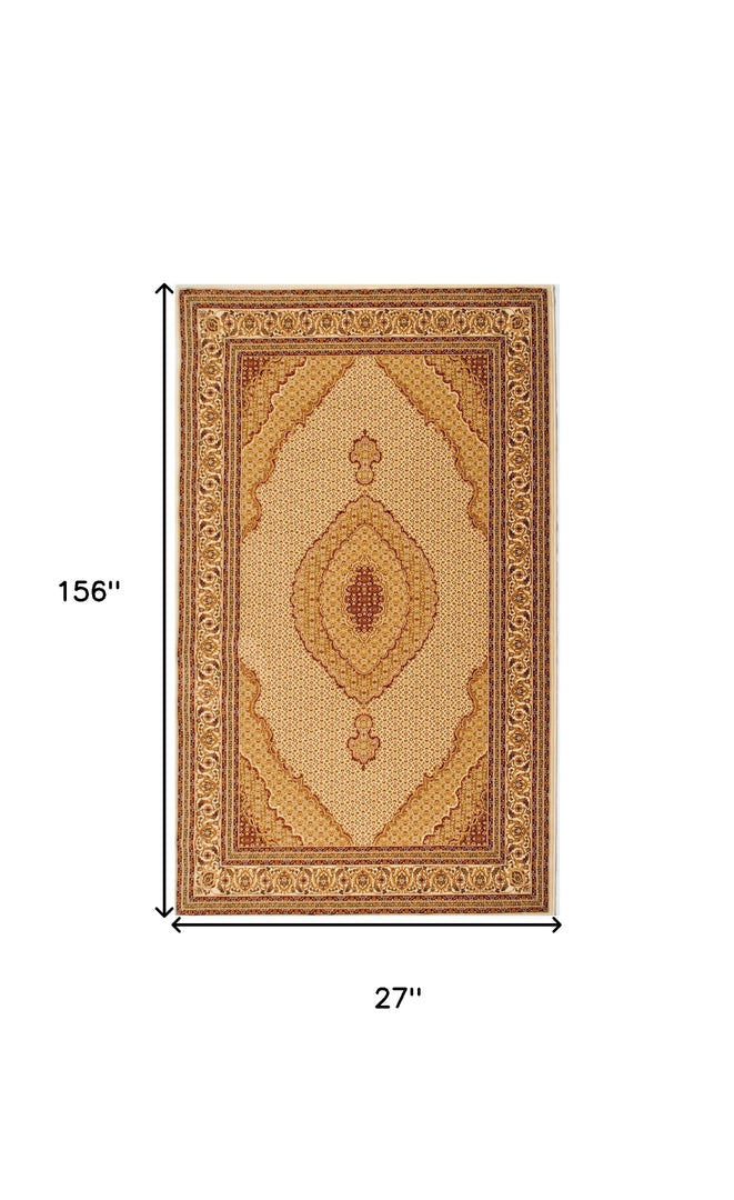 13' Runner Beige and Ivory Oriental Power Loom Runner Rug