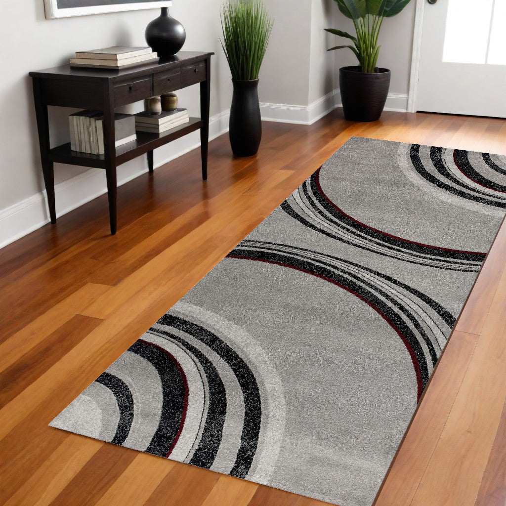 8' Gray and Black Abstract Power Loom Distressed Runner Rug