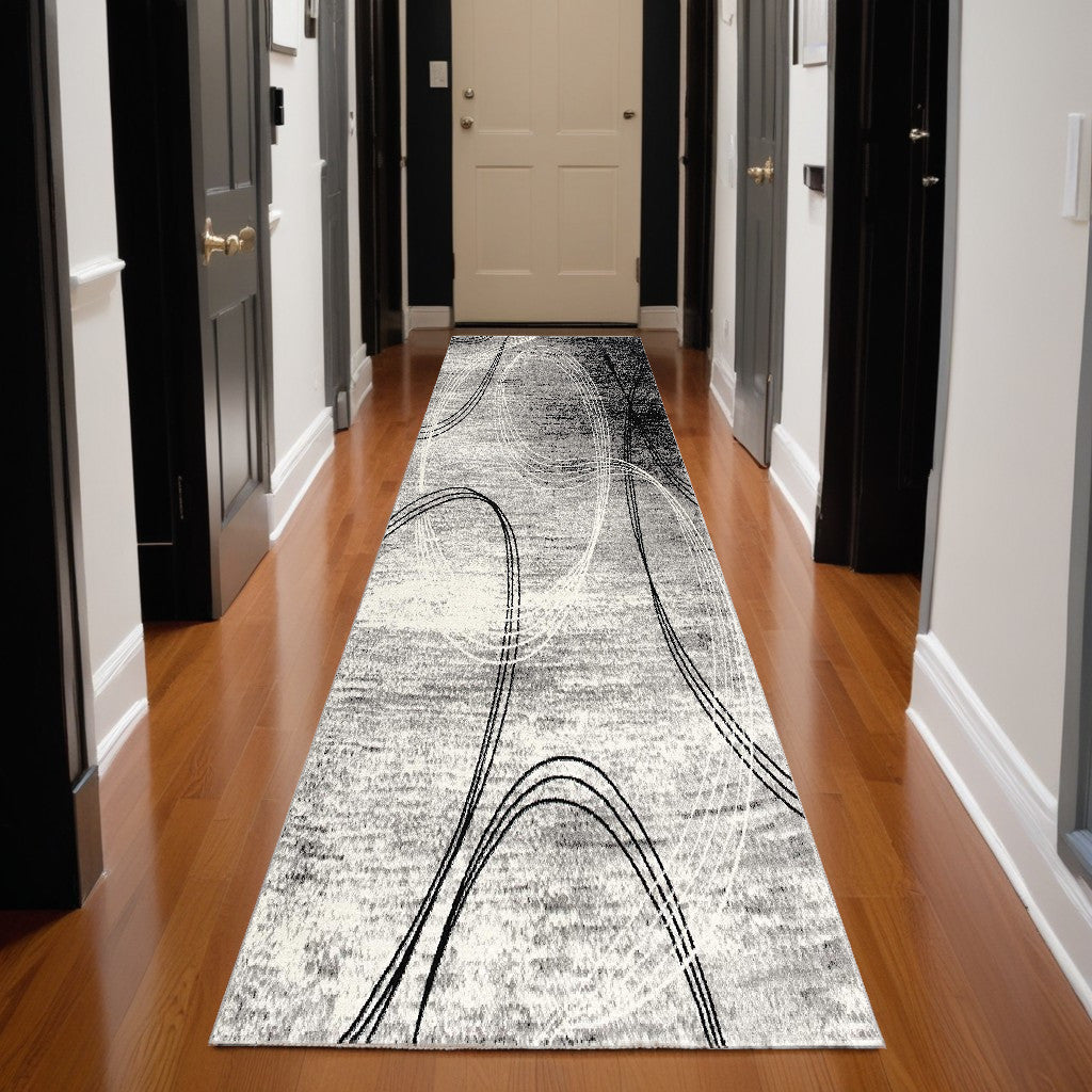 3' X 10' Grey Abstract Power Loom Stain Resistant Area Rug