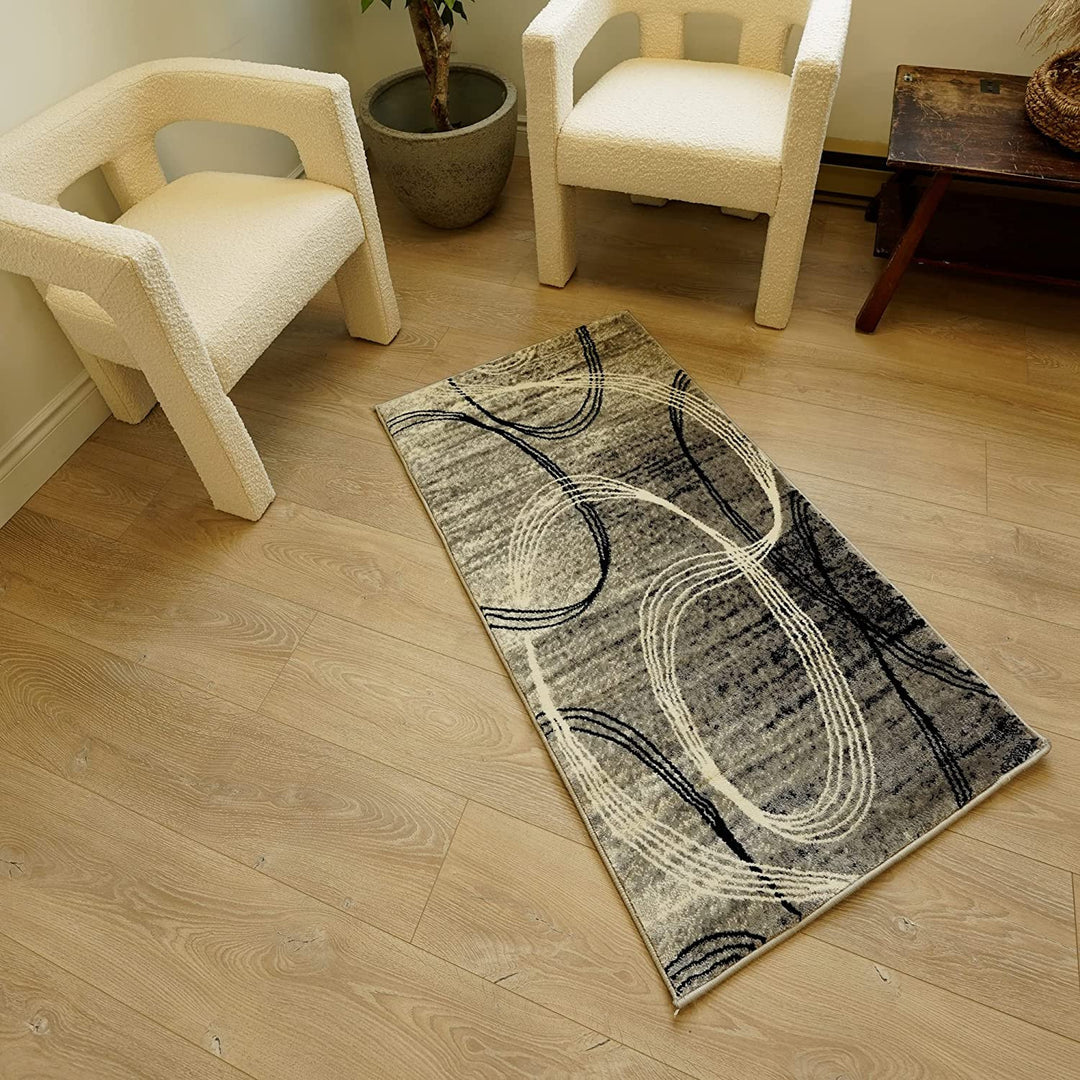 3' X 10' Grey Abstract Power Loom Stain Resistant Area Rug