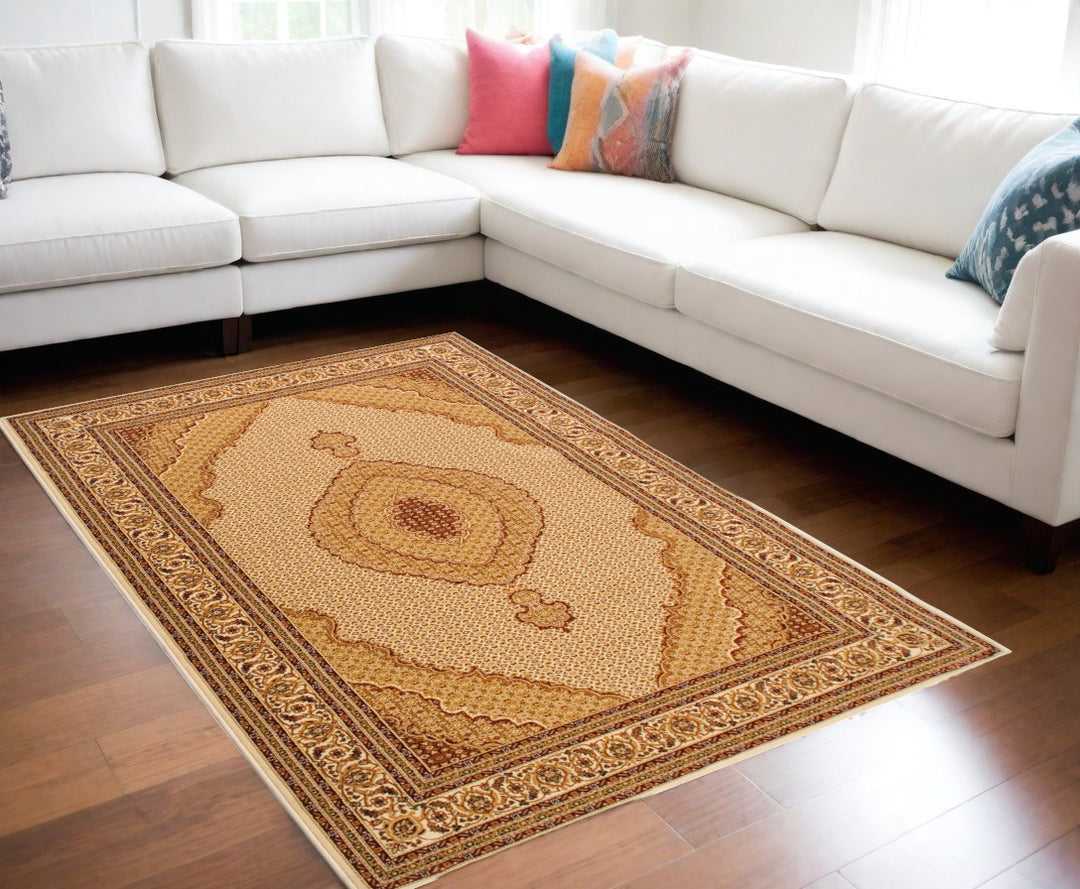 7' X 10' Beige and Ivory Oriental Power Loom Area Rug