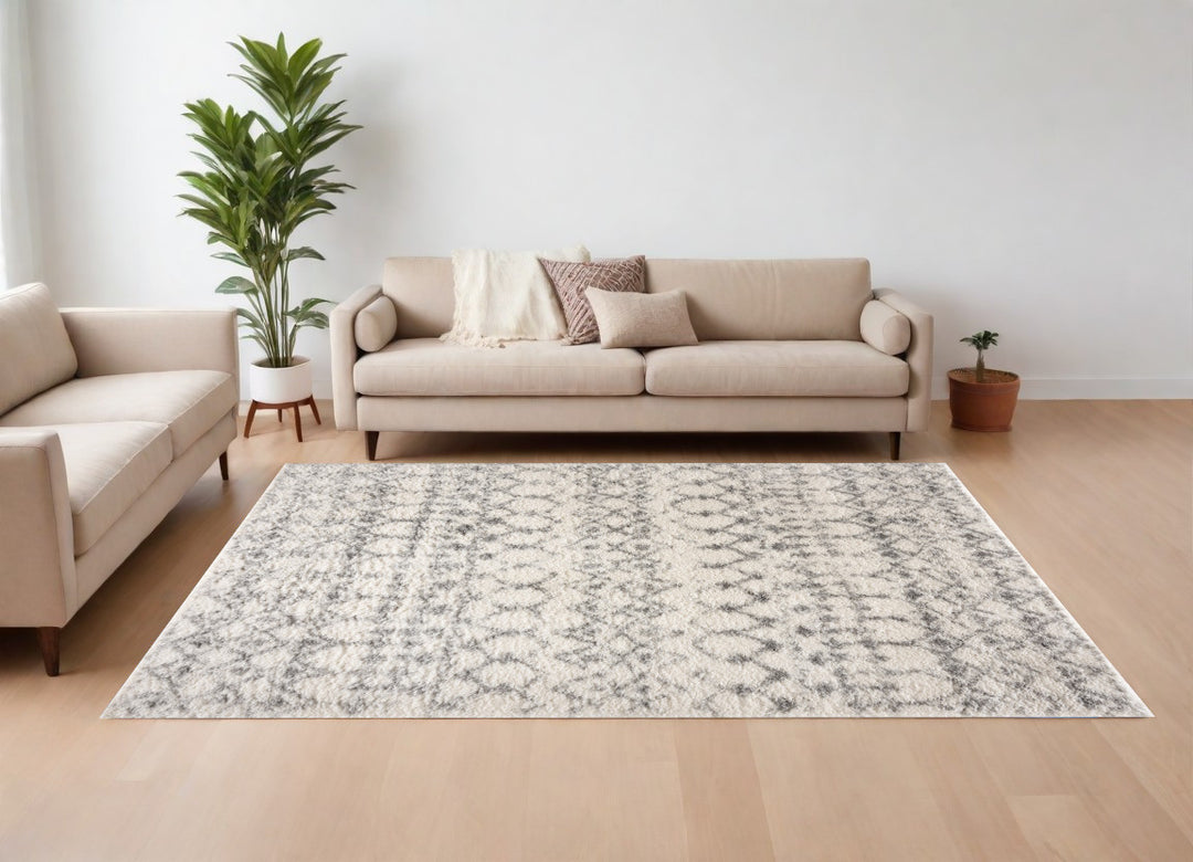 7' X 9' Gray and Ivory Southwestern Shag Power Loom Area Rug