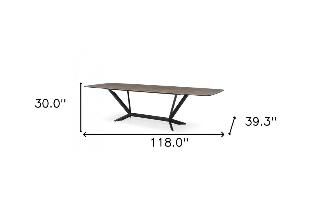 118" Gray And Black Ceramic And Metal Trestle Base Dining Table