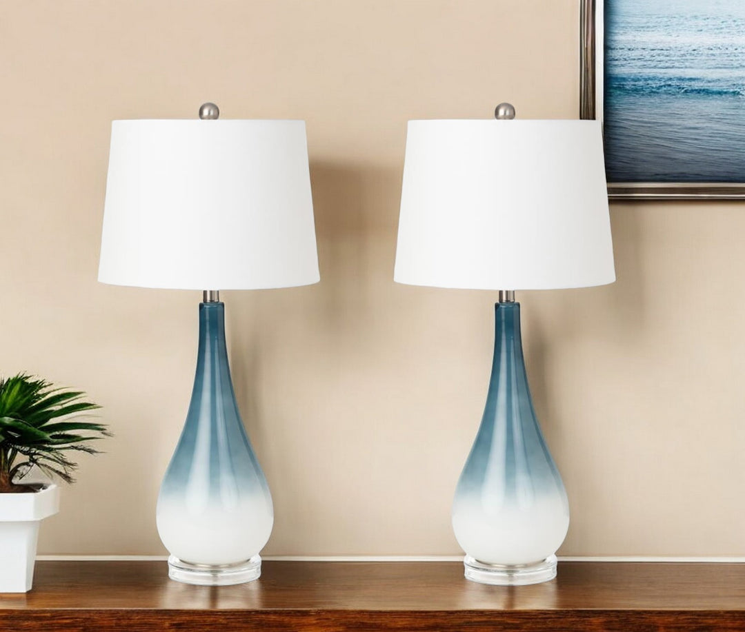 Set of Two 31" Blue and White Glass Table Lamps With White Empire Shade