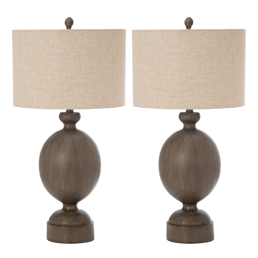 Set of Two 30" Brown Geometric Table Lamps With Beige Drum Shade