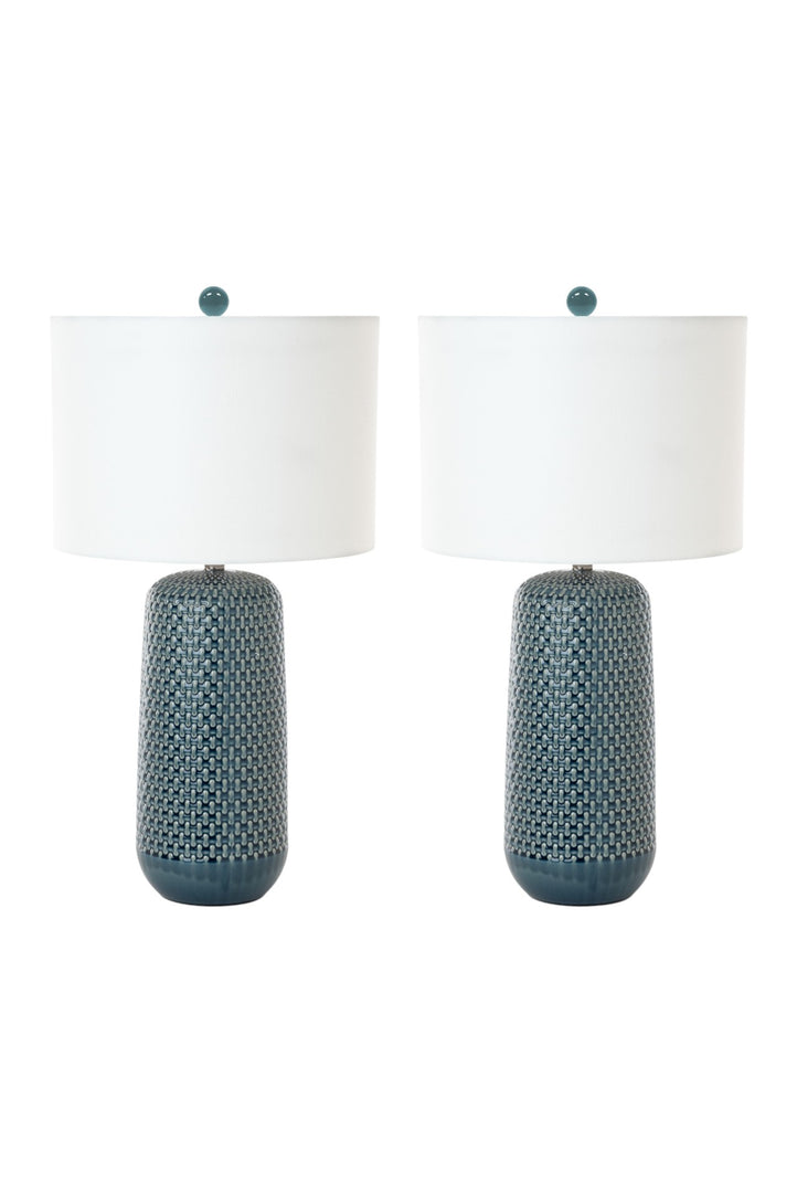 Set of Two 30" Blue Ceramic Geometric Table Lamp With White Drum Shade