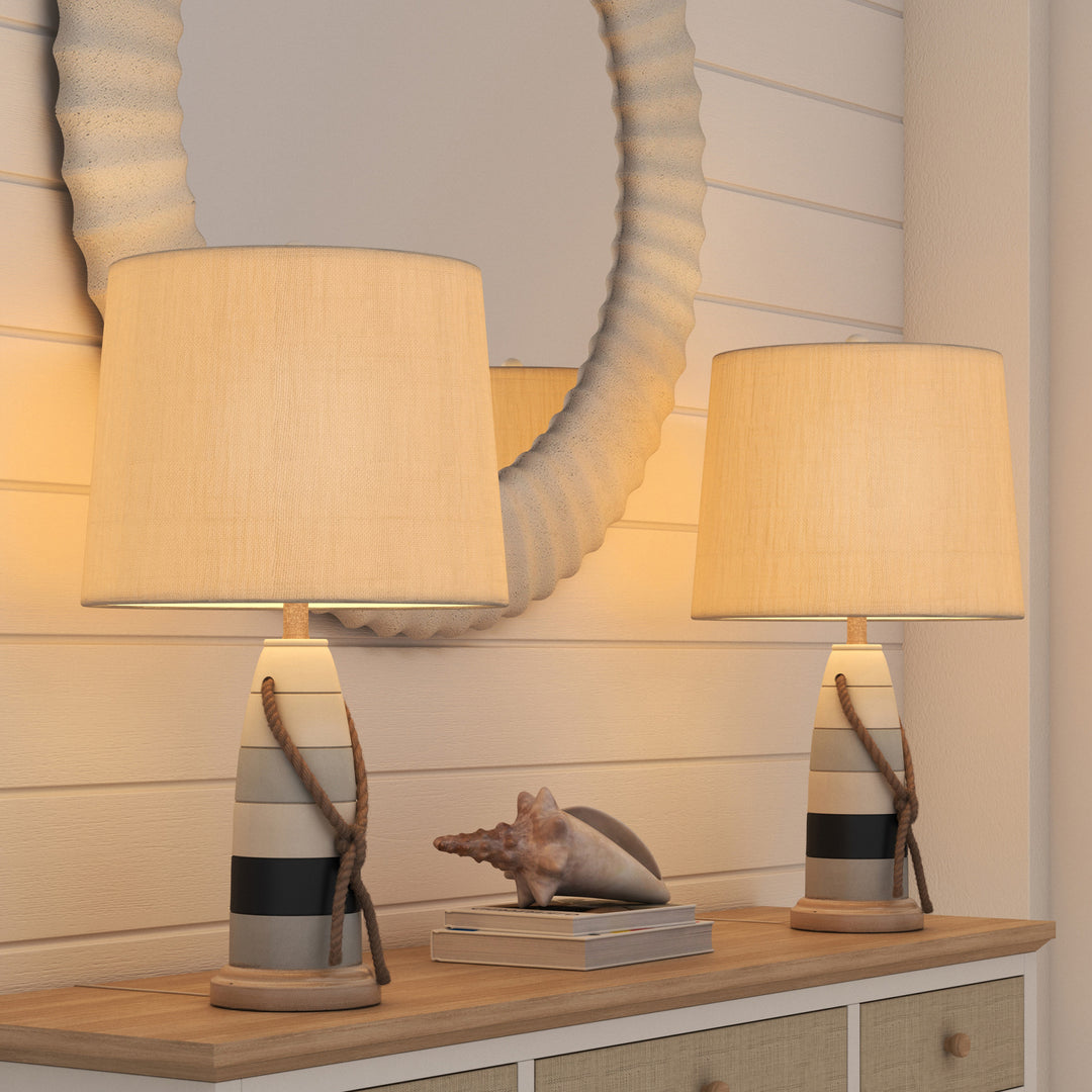 Set of Two 27" Natural White and Blue Novelty Table Lamp Coastal With Off White Empire Shade