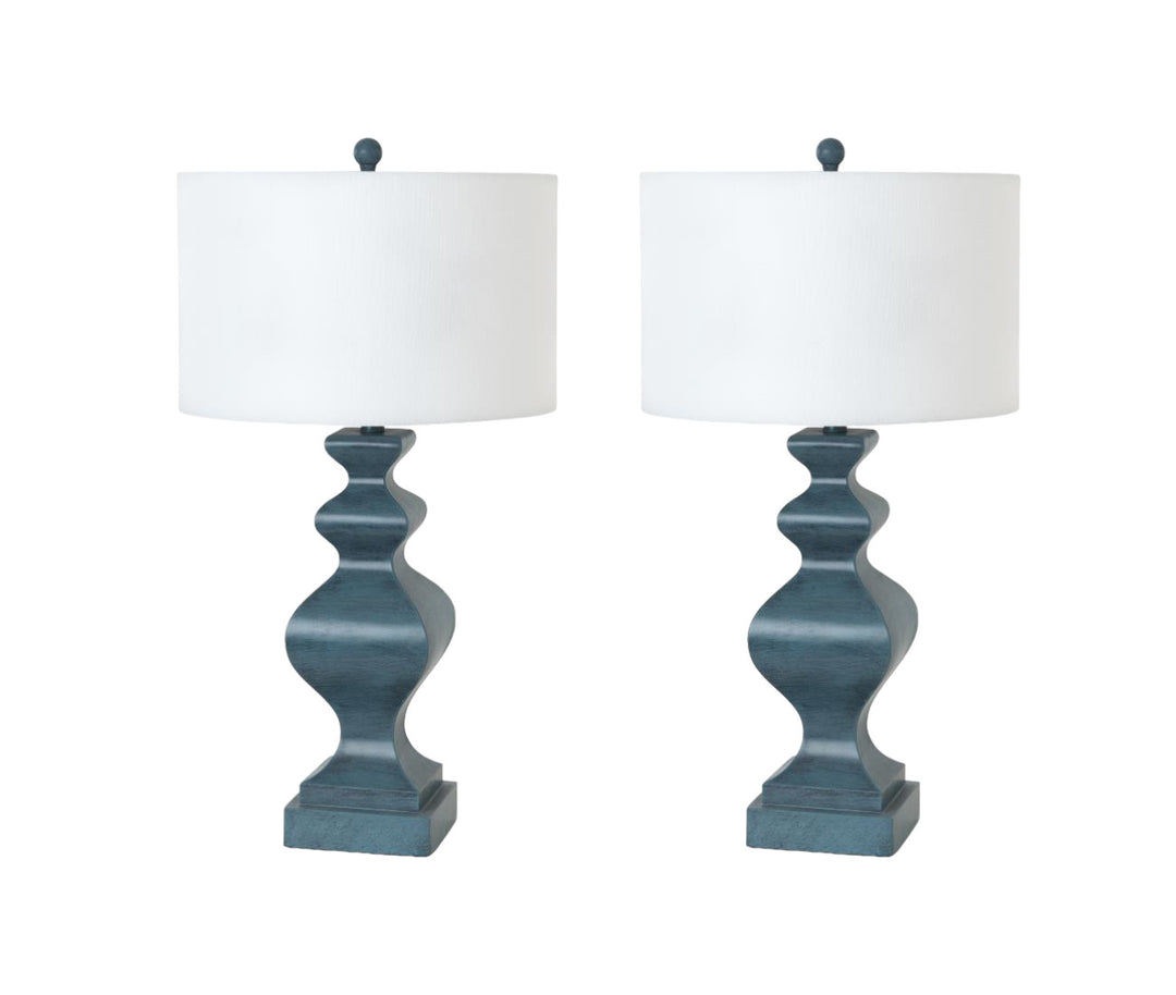 Set Of Two 31" Distressed Teal Table Lamps With White Drum Shade