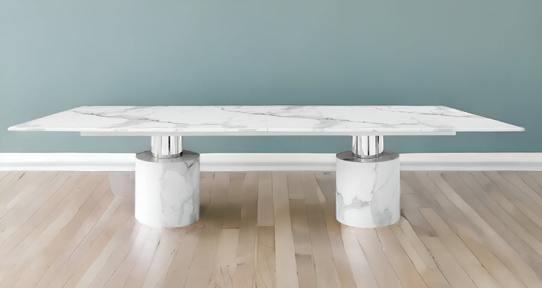 180-Inch White Marble Double Pedestal Dining Table