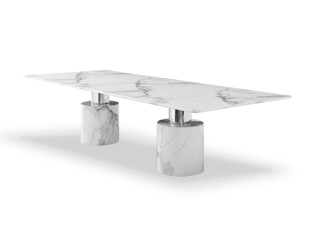 180-Inch White Marble Double Pedestal Dining Table