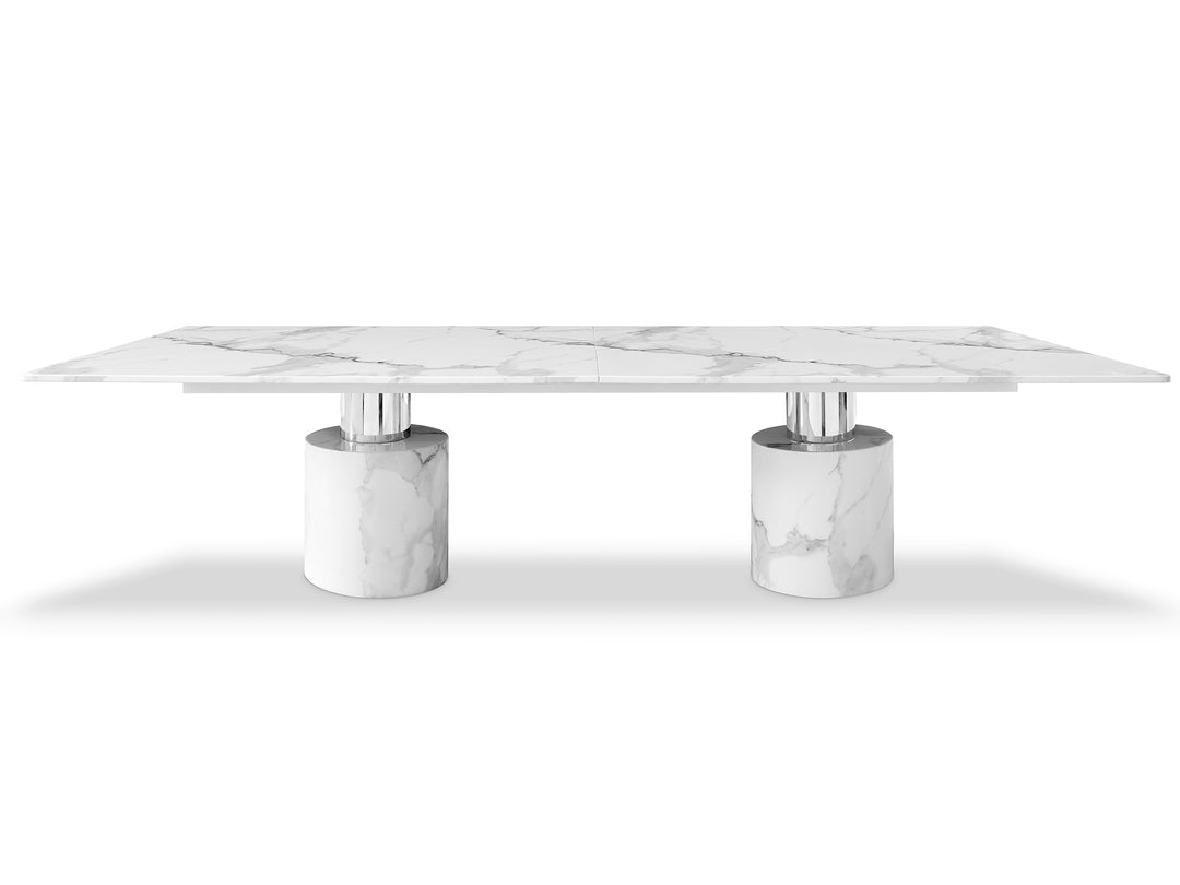 180-Inch White Marble Double Pedestal Dining Table