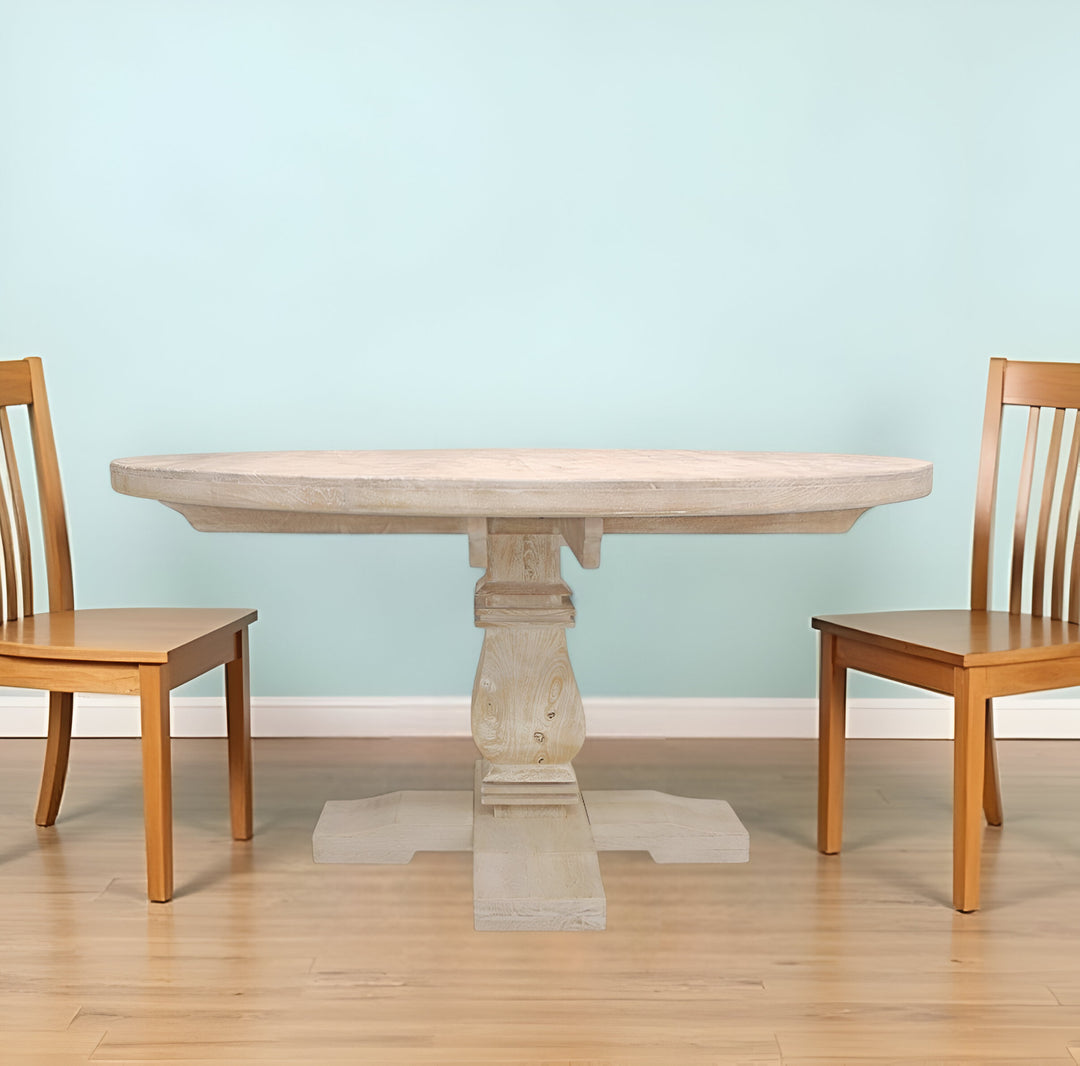 58" Natural Light Brown Solid Wood Pedestal Base Dining Table