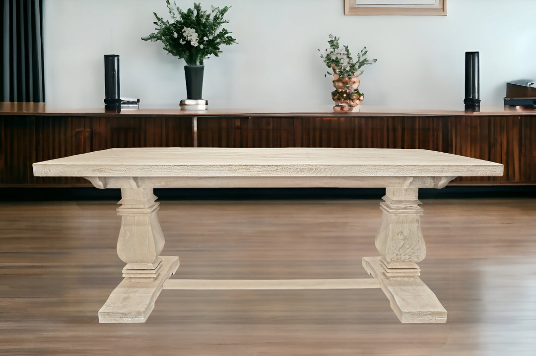 81" Antiqued White Solid Wood Trestle Base Dining Table