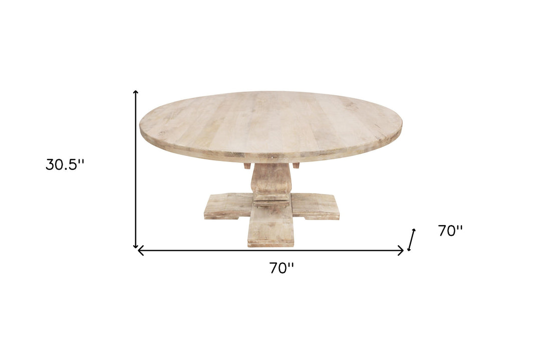 70" Light Brown Rounded Solid Wood Pedestal Base Dining Table