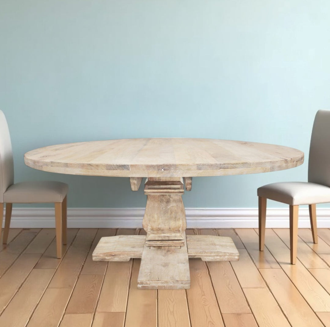 70" Light Brown Rounded Solid Wood Pedestal Base Dining Table