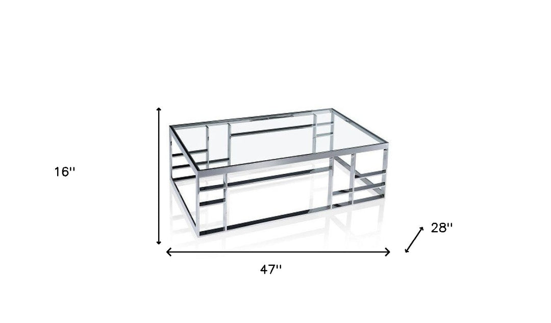 47" Silver and Clear Glass Rectangular Coffee Table with Sleek Stainless Steel Base