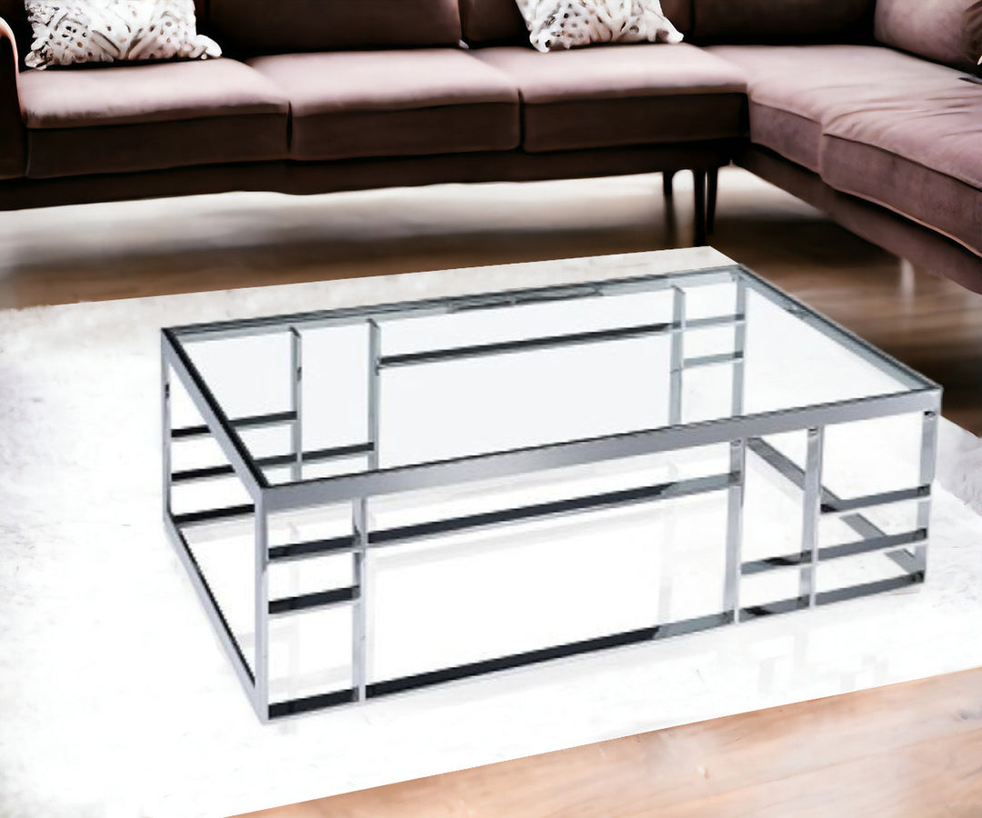 47" Silver and Clear Glass Rectangular Coffee Table with Sleek Stainless Steel Base