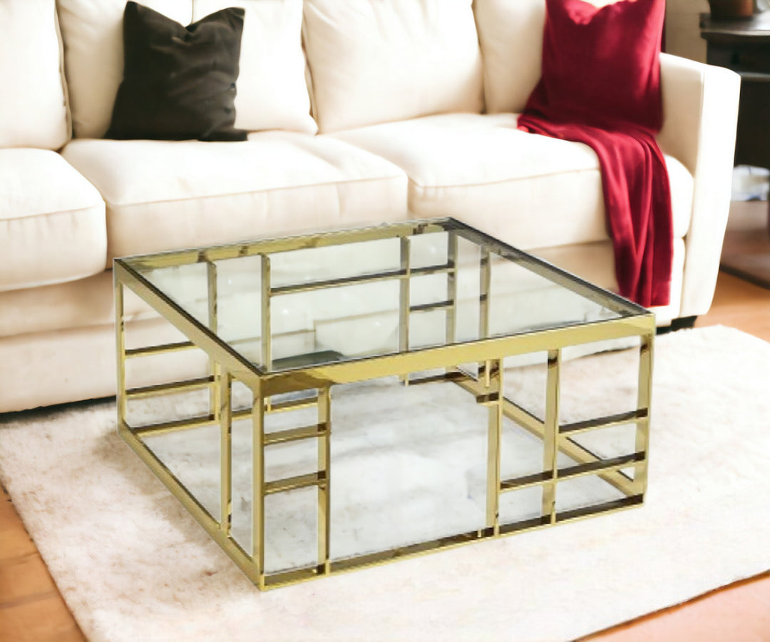 40" Gold and Clear Glass Square Coffee Table – Modern Luxury for Your Space