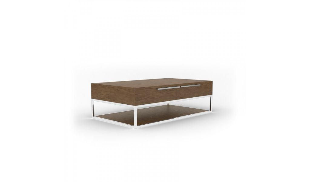 47" Walnut and Silver Rectangular Coffee Table with Two Drawers and Shelf