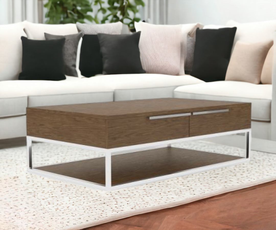 47" Walnut and Silver Rectangular Coffee Table with Two Drawers and Shelf