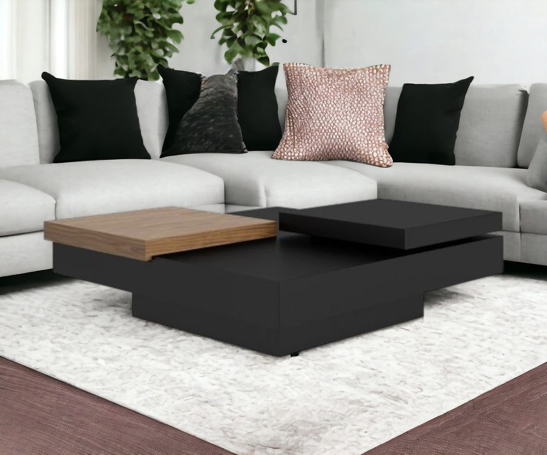 Modern 39" Black and Walnut Square Coffee Table with Drawer