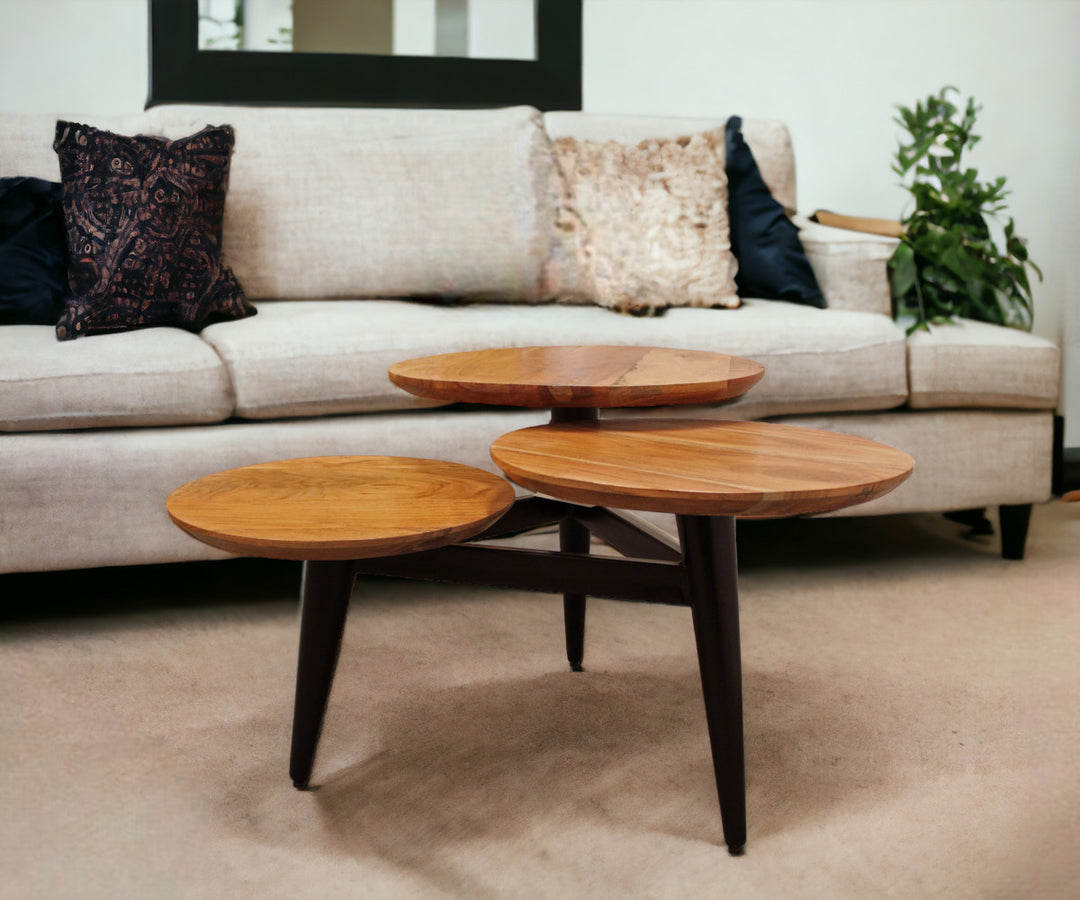 35" Black and Natural Brown Distressed Solid Wood Round Coffee Table