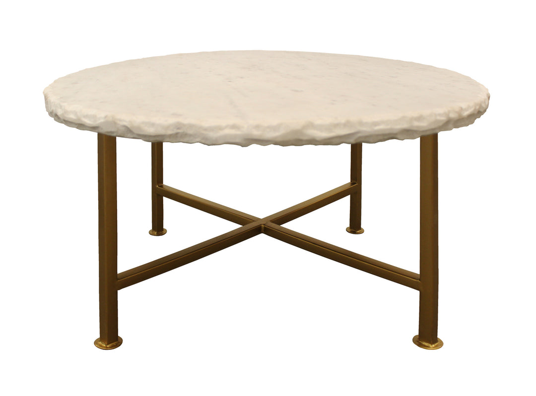 30" Ivory and Brass Genuine Marble Round Coffee Table