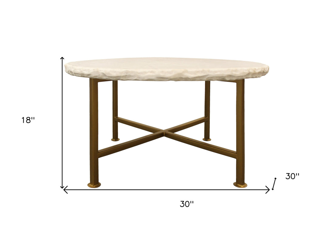 30" Ivory and Brass Genuine Marble Round Coffee Table