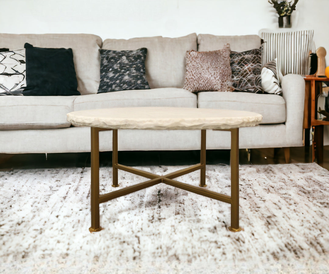 30" Ivory and Brass Genuine Marble Round Coffee Table