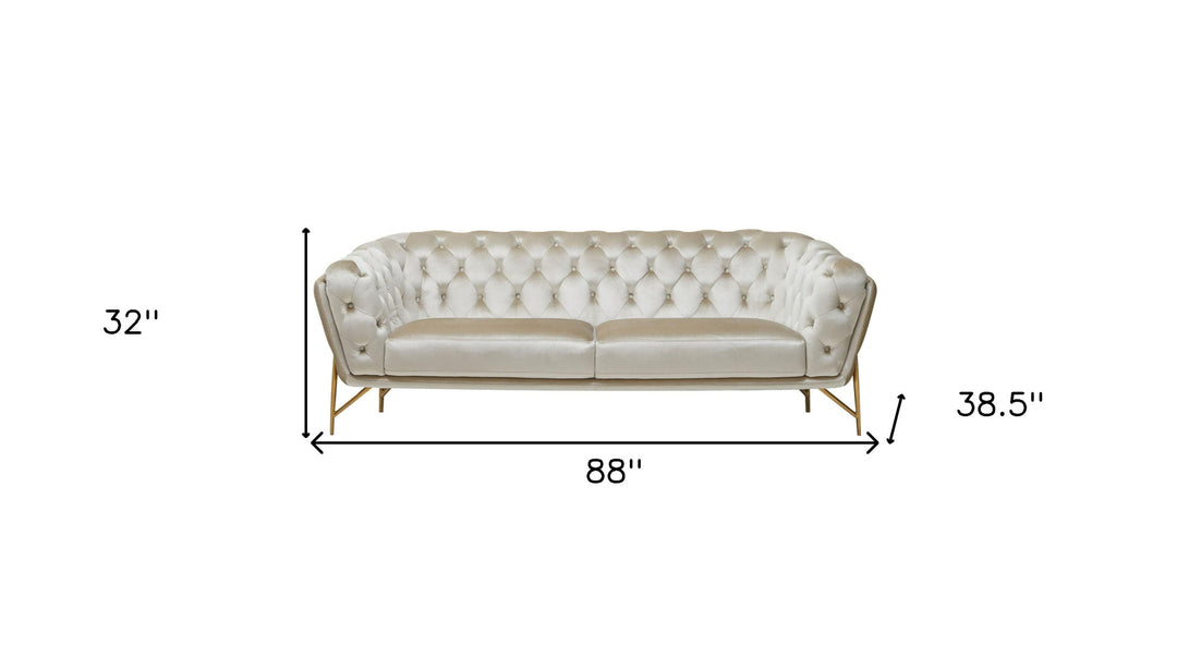 88" Beige Velvet Sofa With Gold Legs