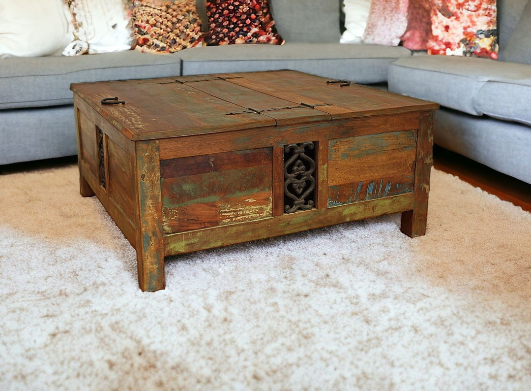 40" Rustic Brown Reclaimed Wood Lift Top Coffee Table