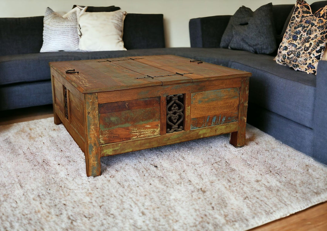 40" Rustic Brown Reclaimed Wood Lift Top Coffee Table