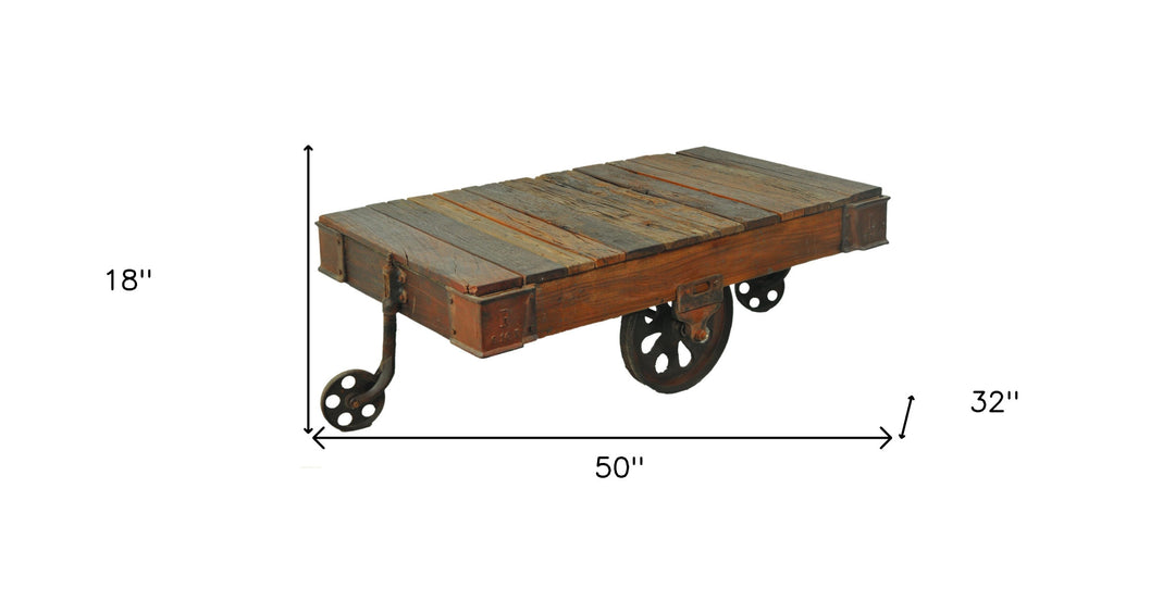 50" Distressed Solid Mango Wood Coffee Table with Black Iron Base