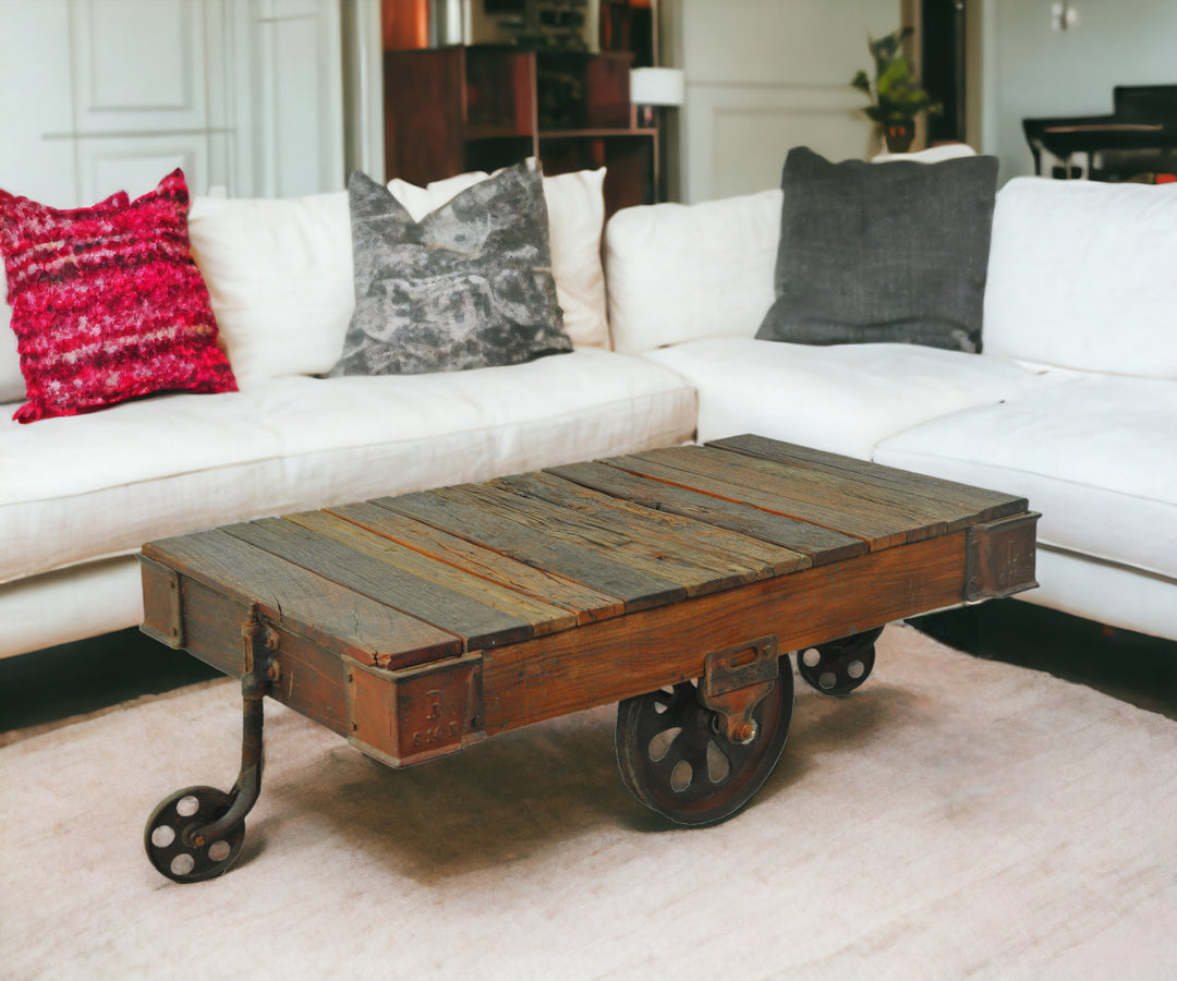 50" Distressed Solid Mango Wood Coffee Table with Black Iron Base