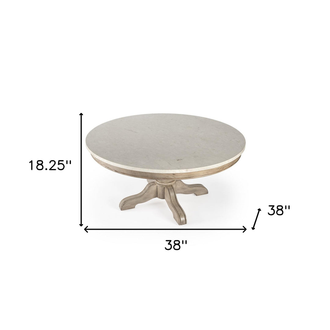 38" Beige and Off White Genuine Marble Round Distressed Coffee Table