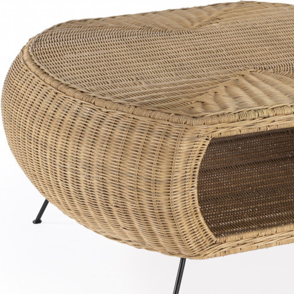 38" Natural and Black Rattan Oval Coffee Table with Shelf