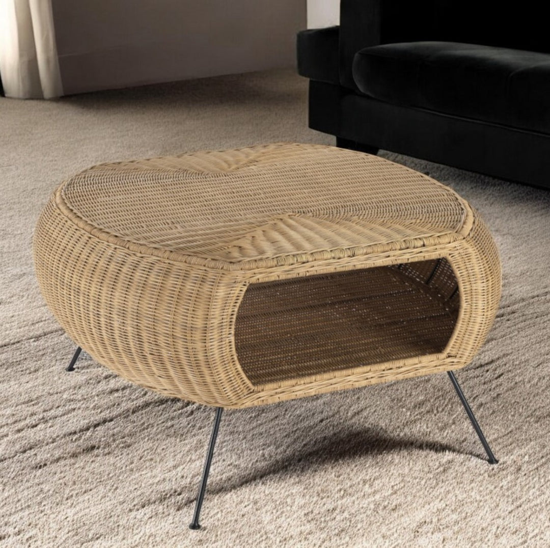 38" Natural and Black Rattan Oval Coffee Table with Shelf