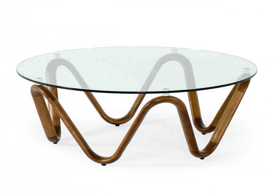 45" Clear and Brown Glass Coffee Table with Solid Wood Base