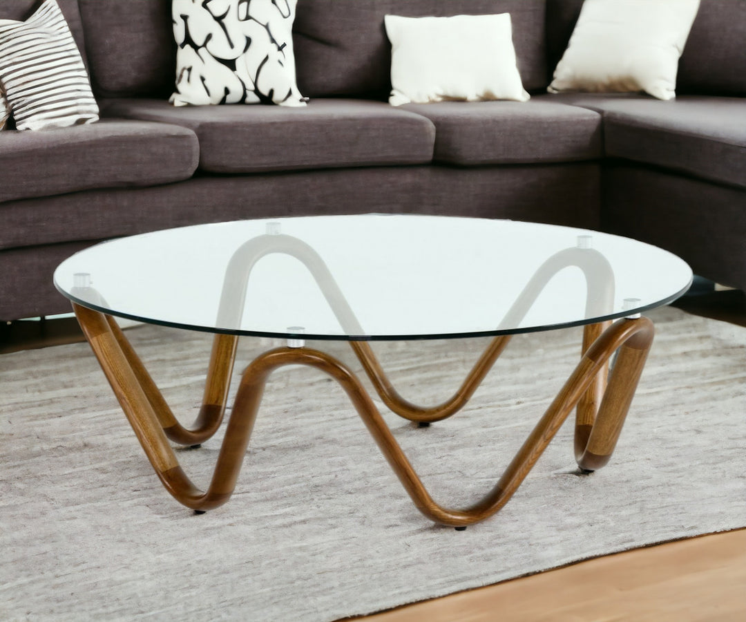 45" Clear and Brown Glass Coffee Table with Solid Wood Base