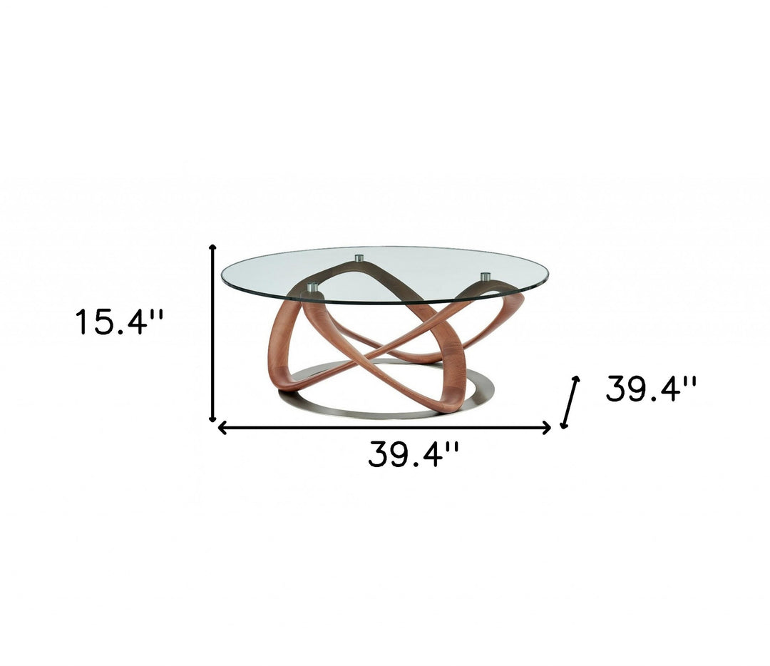 39" Clear and Brown Glass Coffee Table with Solid Wood Base