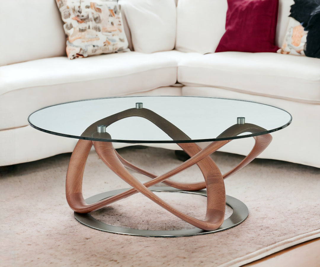 39" Clear and Brown Glass Coffee Table with Solid Wood Base