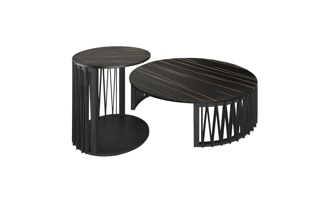 35" Black Marble and Solid Wood Round Nested Coffee Tables