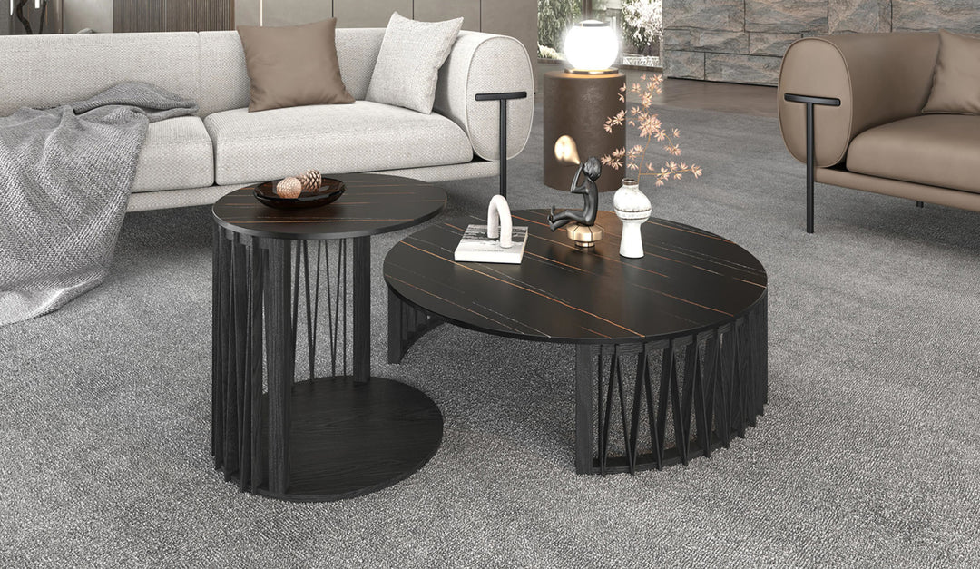 35" Black Marble and Solid Wood Round Nested Coffee Tables