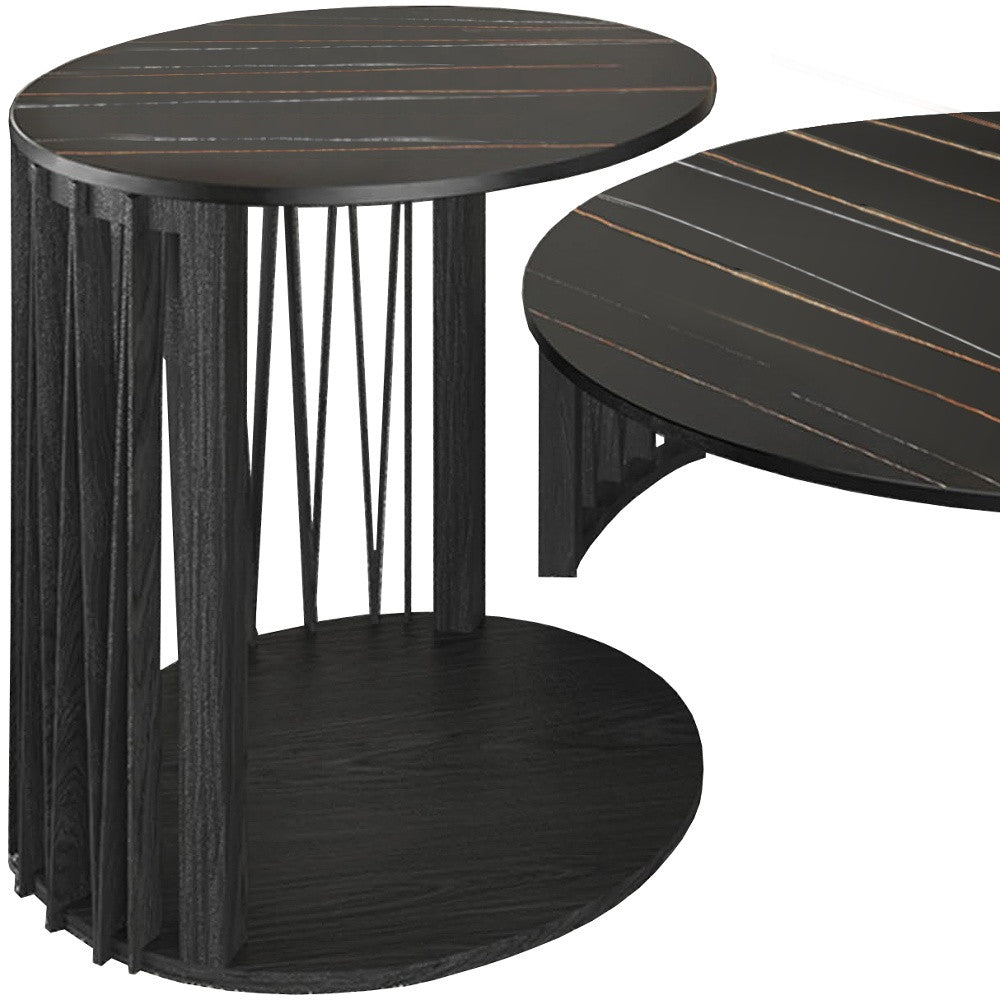 35" Black Marble and Solid Wood Round Nested Coffee Tables