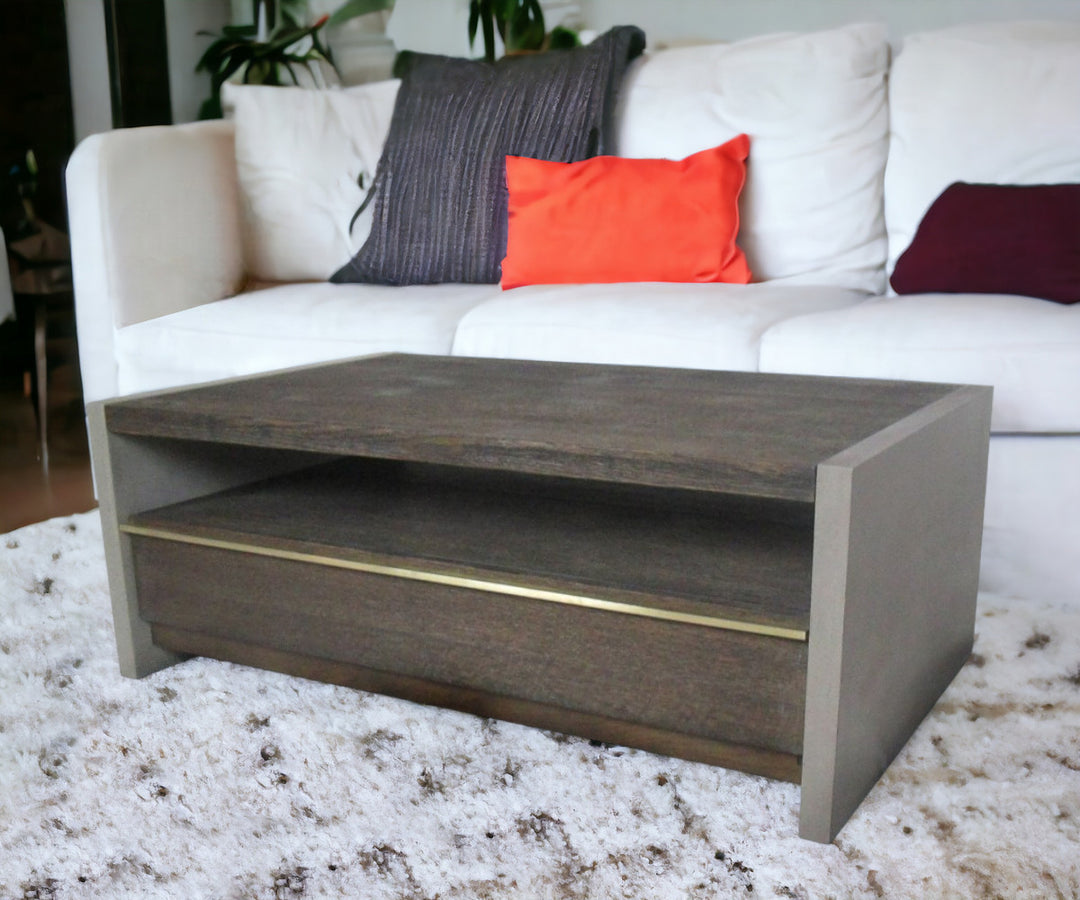 47" Dark Grey Walnut and Concrete Rectangular Coffee Table with Drawer and Shelf