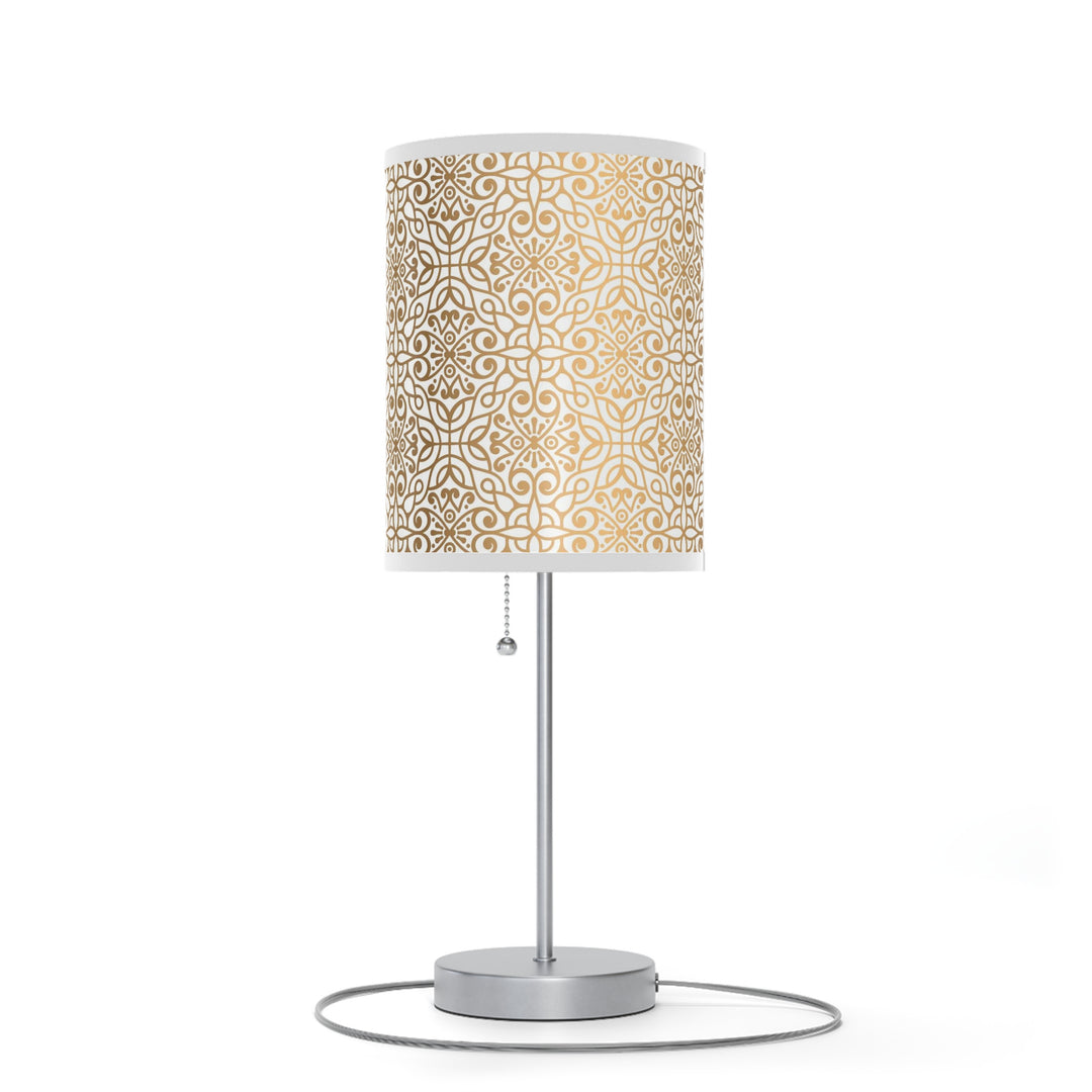 20" Silver Metal Table Lamp With White and Gold Scroll Cylinder Shade